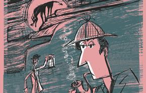 Illustration of a detective in a deerstalker hat and a trench coat smoking a pipe, with a silhouette of a menacing dog-like creature in the background